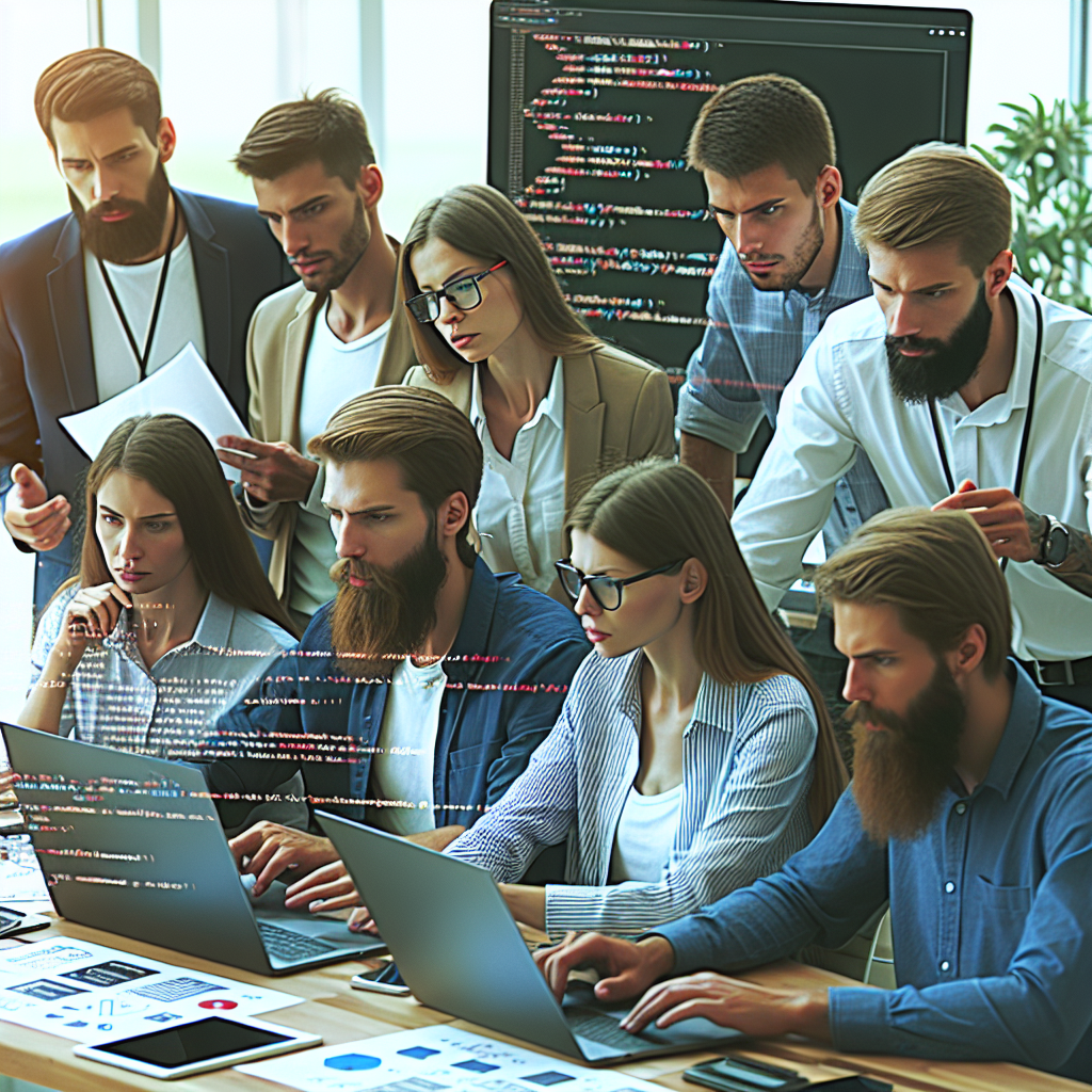 Grupa de specialisti europeni care lucreaza la un proiect in birou, studiaza cod, discuta despre scheme si tehnologii legate de aoutstaffing pe Strapi.