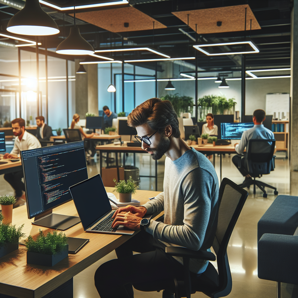 Programator profesionist lucrand la un laptop intr-o locatie de birou, cu oameni europeni in fundal.