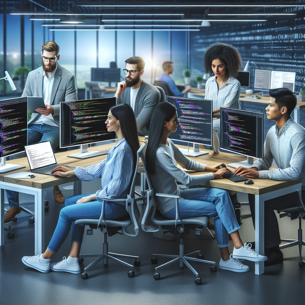 Imagine cu programatori colaborand intr-un birou modern, analizand cod si elemente de integrare continua afisate pe ecranele computerelor.