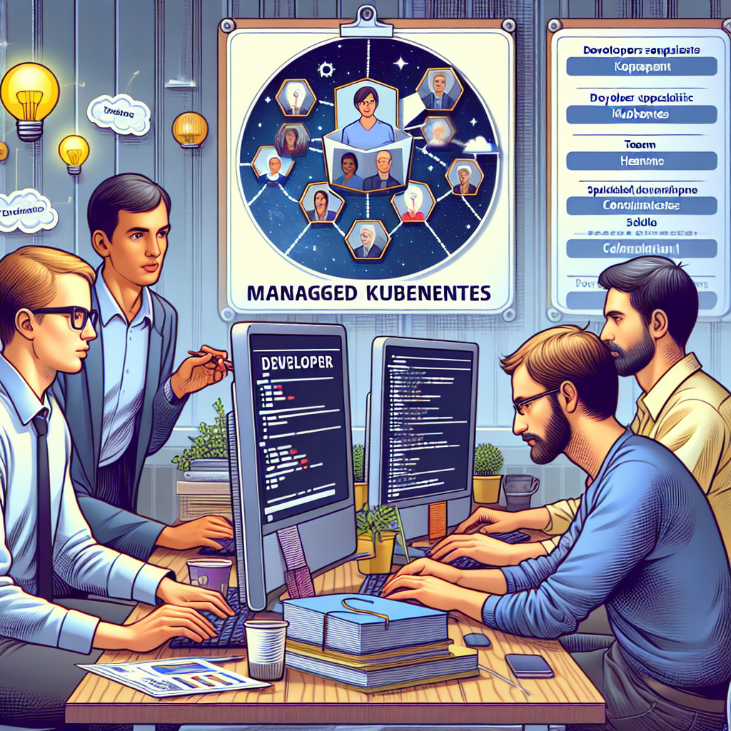 Ilustratie care arata un dezvoltator Managed Kubernetes colaborand cu echipele si proiectele, toti oamenii sunt de etnie europeana, imaginea arata ca o fotografie reala.
