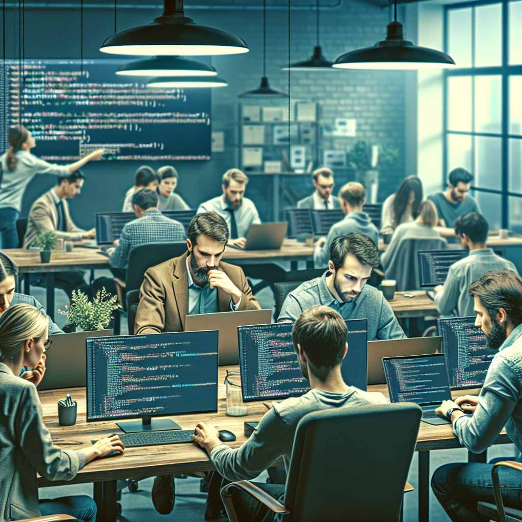 O imagine care ilustreaza procesul de utilizare a GitHub Actions, prezentand europeni care lucreaza pe laptopuri intr-un birou modern.