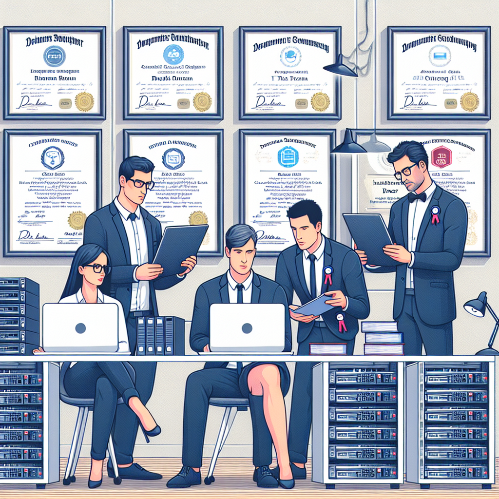 Imagine cu specialisti IT profesionisti care lucreaza intr-un birou modern, unde sunt expuse diplome si certificate ce reflecta experienta si calificarea lor. Toti oamenii au trasaturi europene si sunt concentrati pe sarcina de instalare a Docker-ului pe server. Biroul este amenajat in stil minimalist.