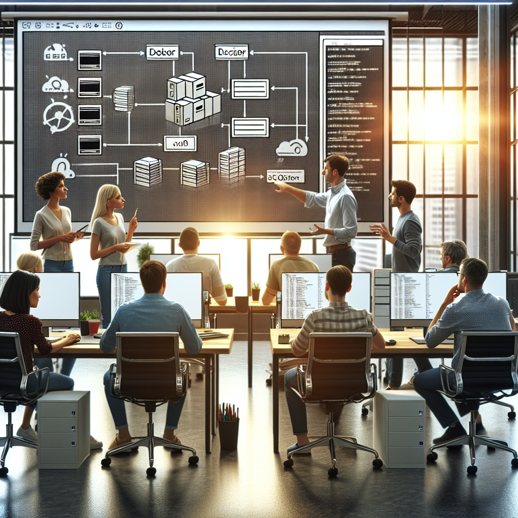 Imagine cu oameni de tip european lucrand la computere, discutand despre Docker si DevOps, intr-un birou modern.