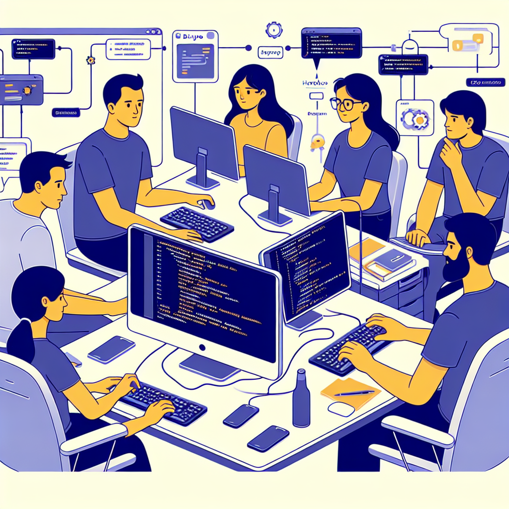 Imagine a procesului de implementare a unei aplicatii Django pe platforma Heroku, unde un grup de dezvoltatori lucreaza la computere, discutand detalii ale proiectului. Toate persoanele din foto au un aspect european.