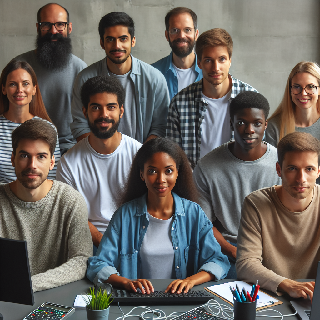 Foto a unei echipe de dezvoltare care lucreaza la automatizarea testarii aplicatiilor web intr-un birou confortabil. Toti oamenii au infatisare de tip european.