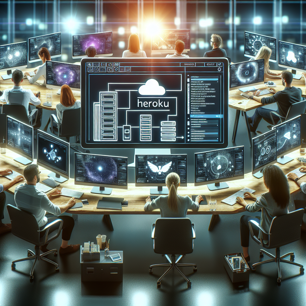 Imaginiaza-ti o scena in care oameni europeni lucreaza impreuna la proiecte, folosind computere cu ecrane care afiseaza interfata unei platforme cloud Heroku, intr-un birou modern, cu iluminare puternica.