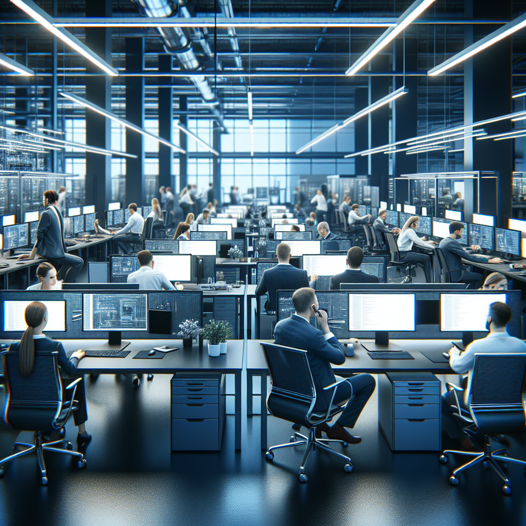Imagine a unui birou IT modern cu locuri de munca, unde oameni (aparent de tip european) lucreaza activ la computere, accentueaza tehnologia si o atmosfera prietenoasa.