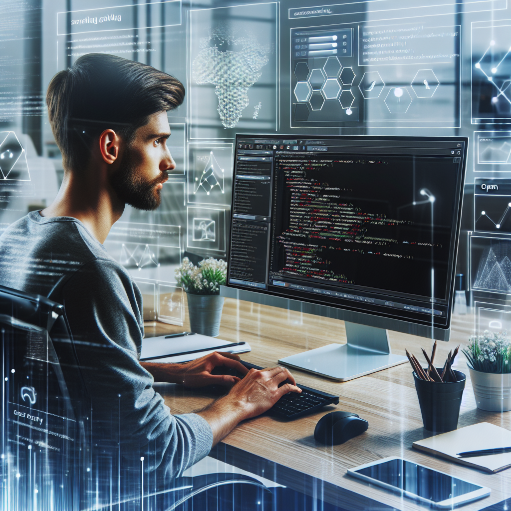 Imaginiaza-ti o persoana de tip european, lucrand la un computer intr-un birou modern, cu interfata platformei Heroku deschisa pe ecran, inconjurata de grafice dinamice si dezvoltarea de cod.
