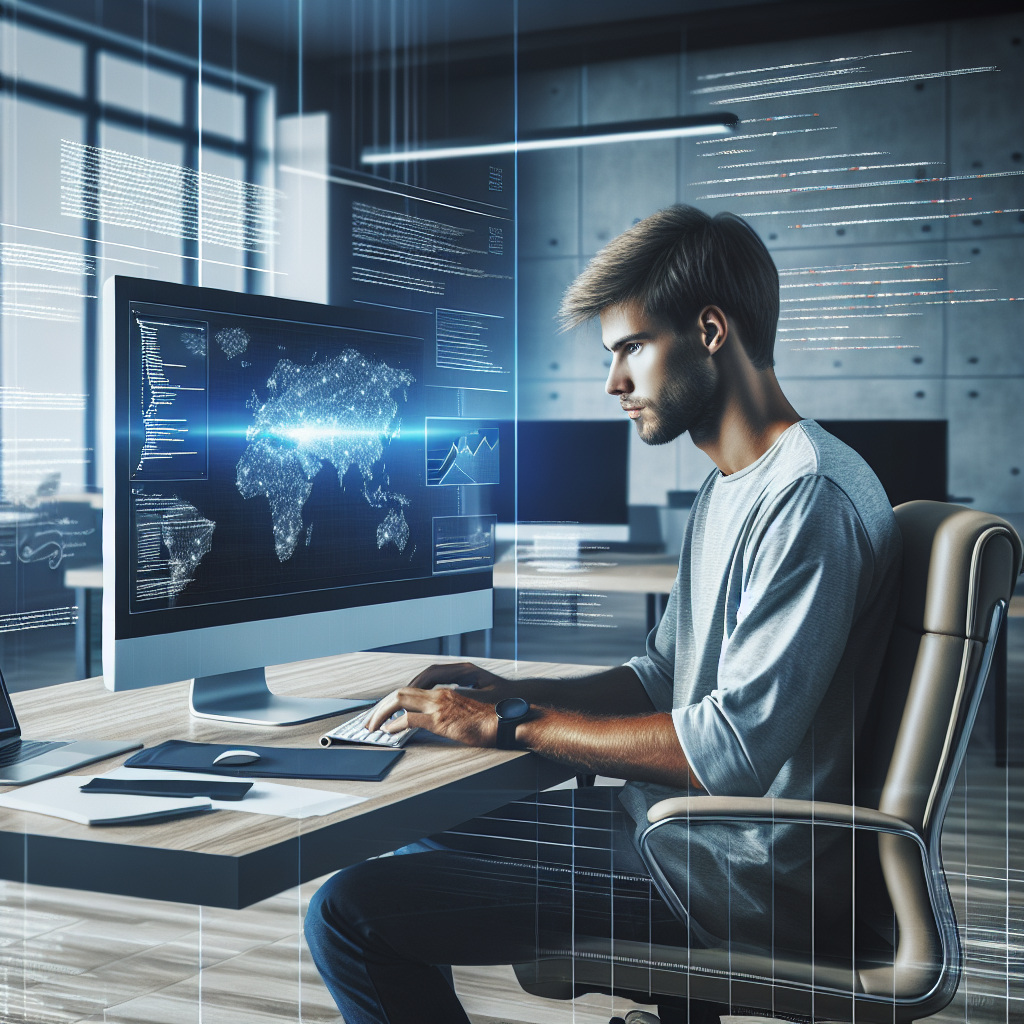 Imagine a unei persoane programator, muncind la un proiect utilizand un computer, inconjurata de grafice si diagrame de succes, accentuand tehnologiile digitale si un stil de lucru modern. Toate persoanele trebuie sa fie de tip european.
