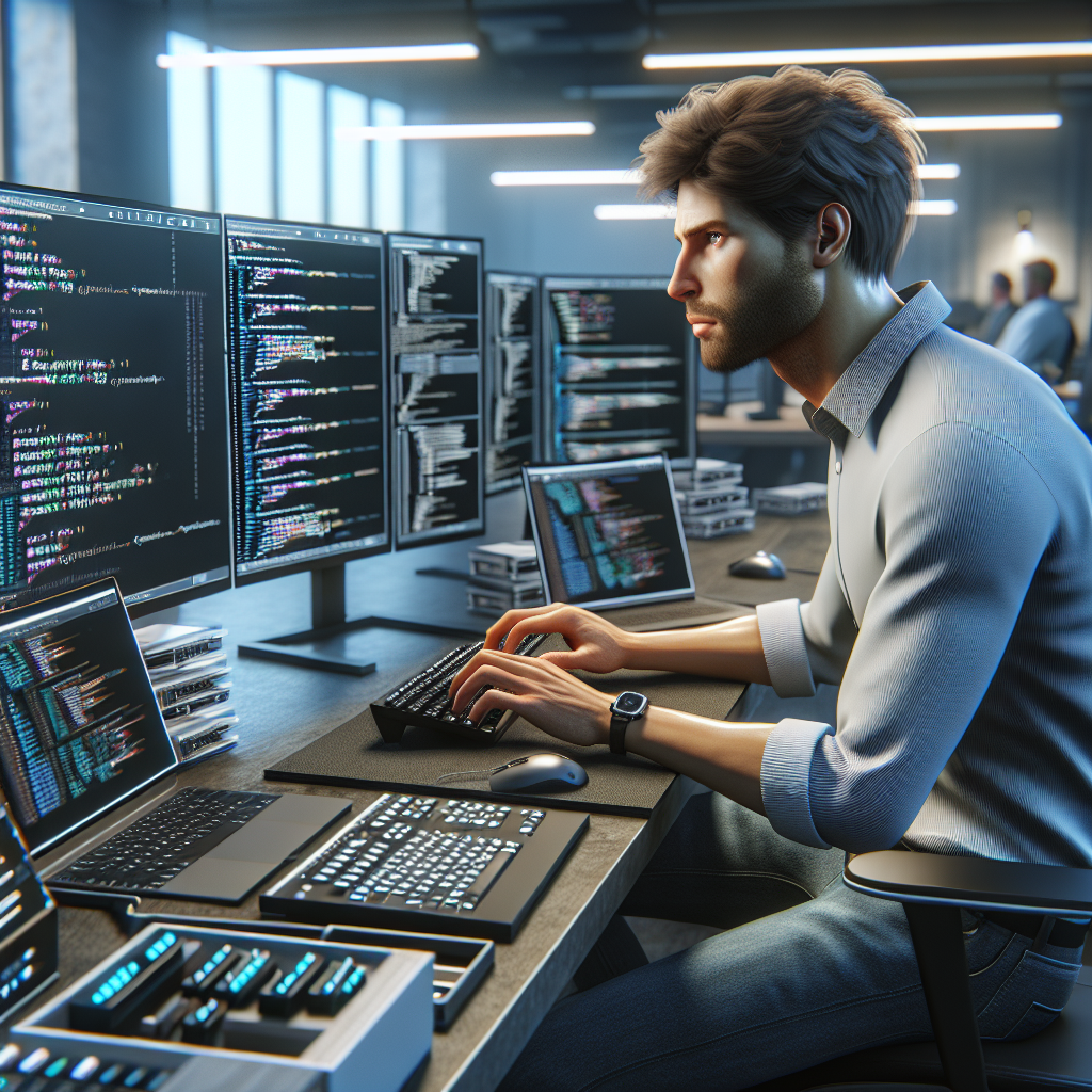 Imaginea unui programator care lucreaza la un script pentru automatizarea actiunilor in browser, folosind echipamente profesionale intr-un birou modern. Persoanele au un aspect de tip european. Fotografia este realista.