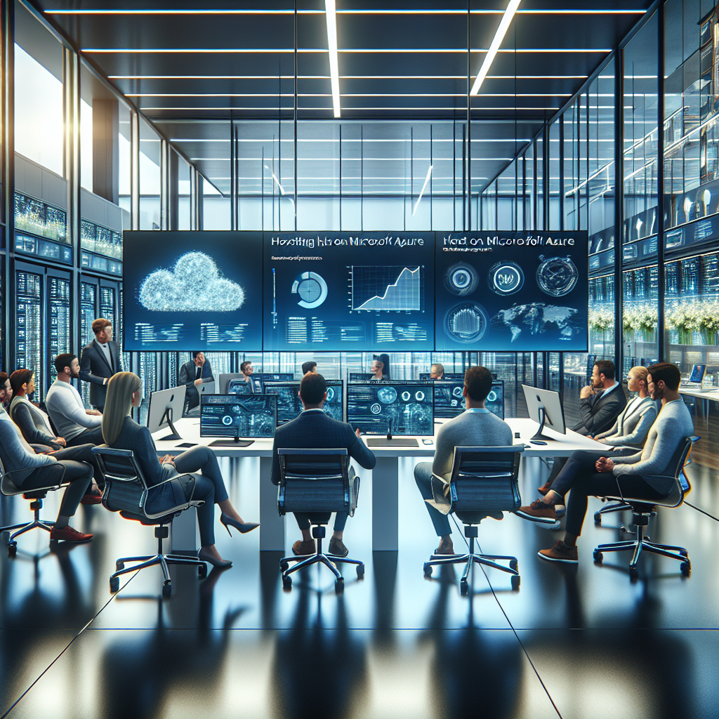 O imagine cu un grup de oameni europeni care discuta despre avantajele hosting-ului pe Microsoft Azure, intr-un birou dotat cu tehnologie moderna.