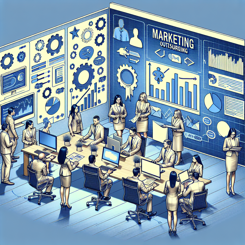 Imagine cu un mediu de birou in care specialistii discuta despre externalizarea marketingului, cu elemente tehnologice precum computere, grafice si notite. Toti oamenii din imagine au un aspect european.