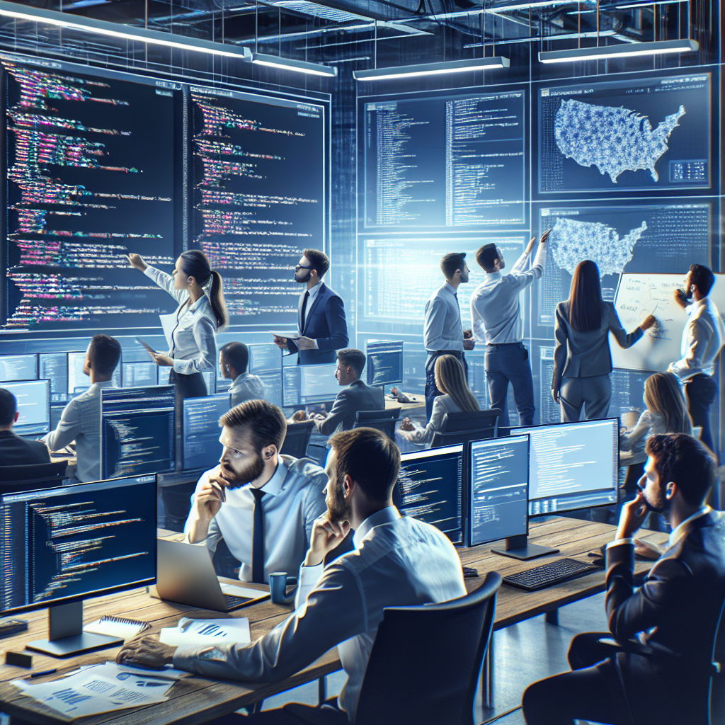 Imaginea prezinta un birou modern al unei companii IT, cu specialisti profesionisti care lucreaza cu tehnologii cloud Microsoft Azure. Oamenii au aspect european.