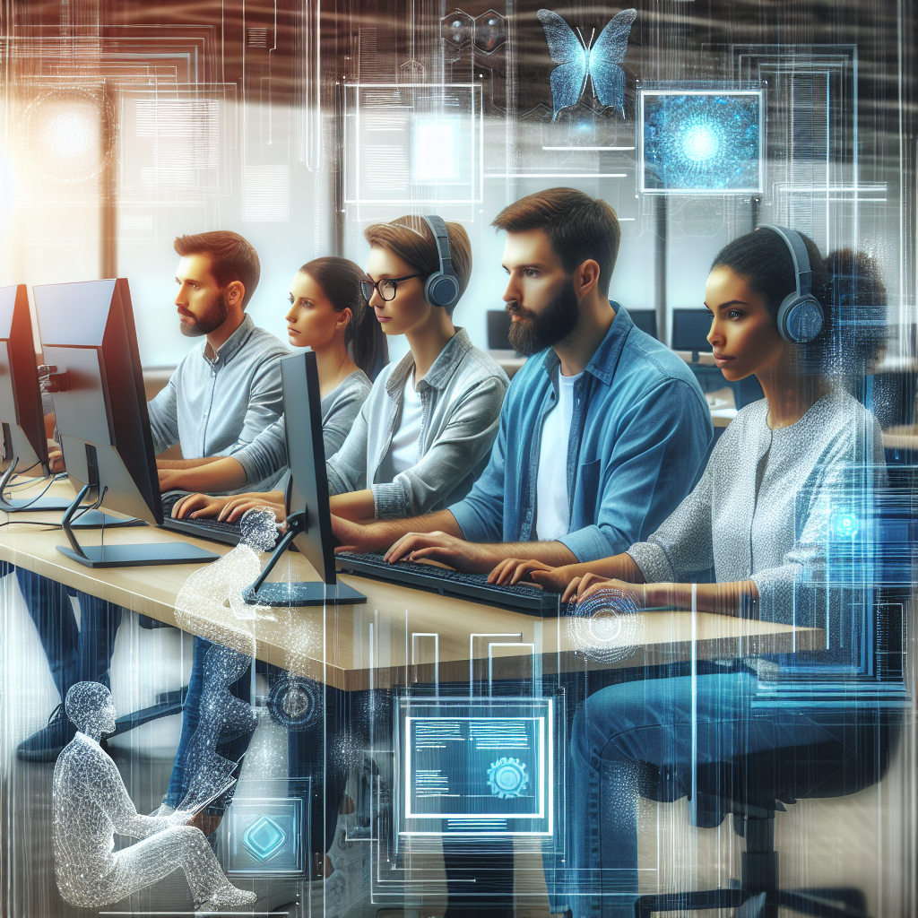 Imagine cu o echipa de profesionisti testand software pe computere intr-un birou modern, cu expresii concentrate pe fete si un mediu inalt tehnologizat in jur.