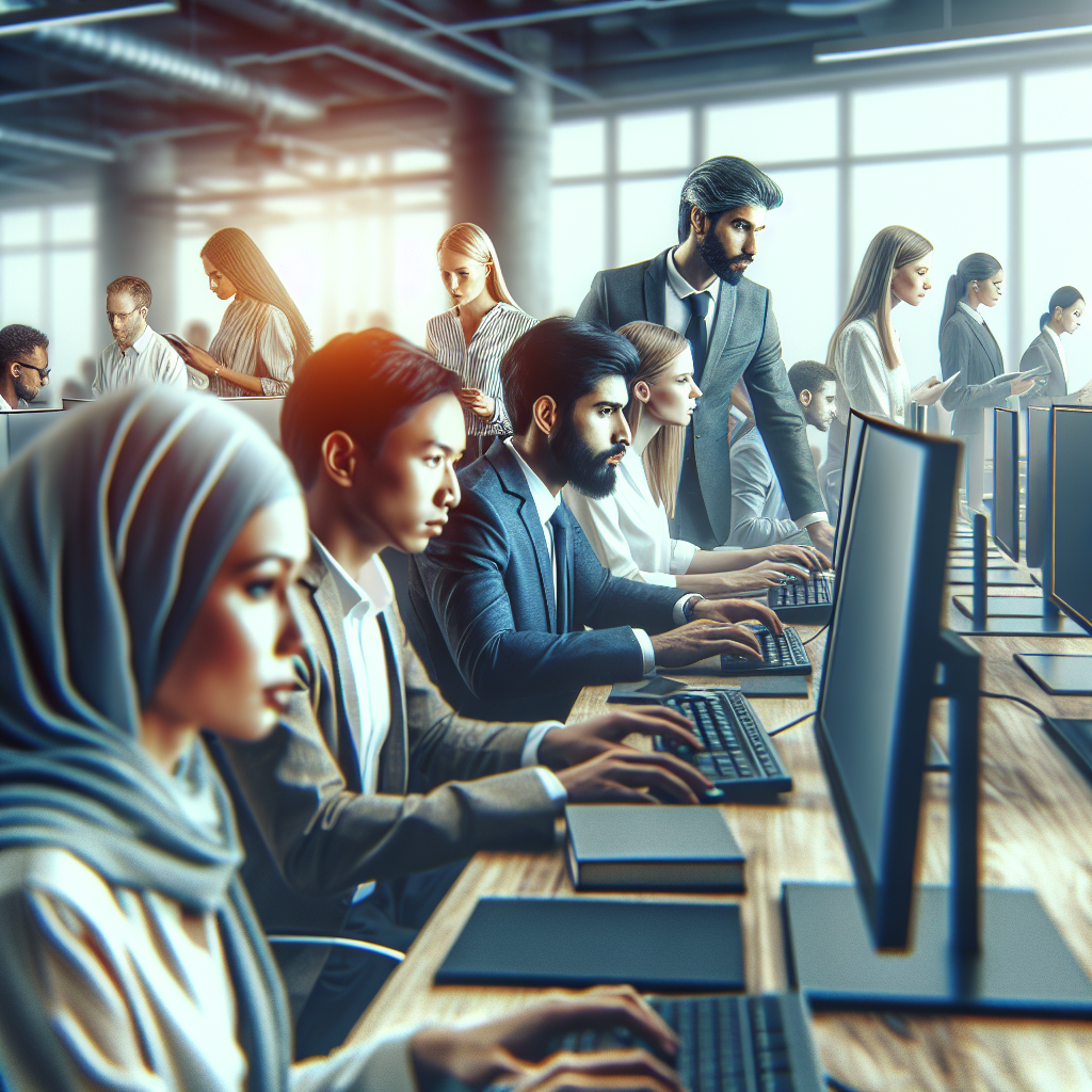 O imagine cu diverse persoane europene, care lucreaza la computere intr-un birou modern. Toti sunt concentrati pe activitatea lor, folosind site-uri web si tehnologia disponibila.
