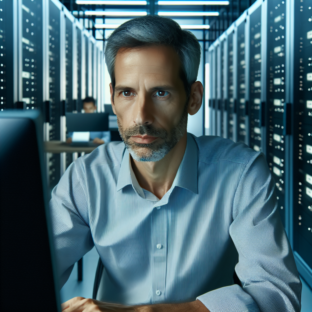 Imagine cu un specialist IT care lucreaza la un computer intr-un birou modern, inconjurat de servere. Toate persoanele au un aspect european, avand in jur de patruzeci de ani si sunt concentrate pe munca.