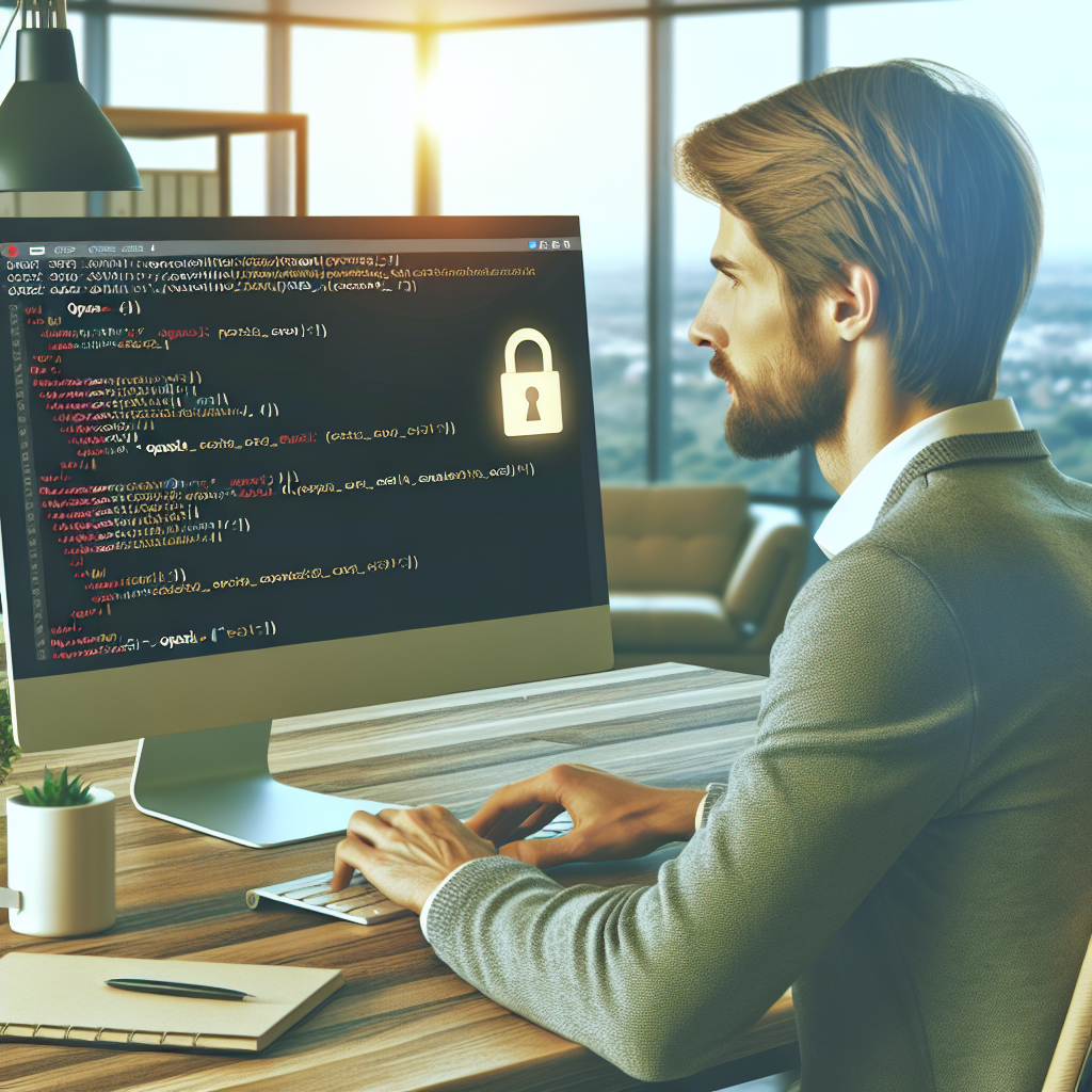 Imagine cu un dezvoltator de software profesionist lucrand la un computer cu cod OpenSSL afisat pe ecran, intr-un mediu de birou, aspectul acestuia fiind de tip european, cu un <a href=