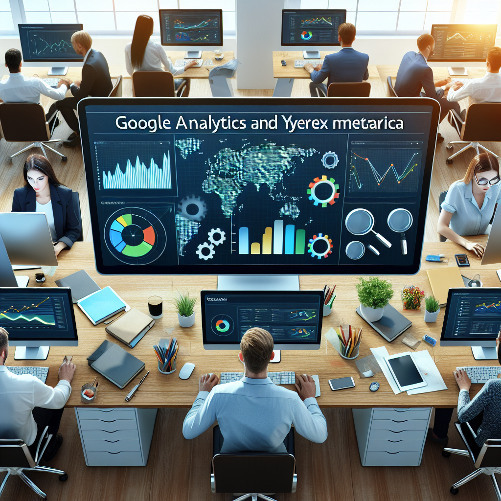 Imagine care ilustreaza procesul de configurare Google Analytics si Yandex Metrica pe ecranul unui computer, intr-o atmosfera de birou. Toti oamenii ar trebui sa aiba aspect european, concentrandu-se in timp ce lucreaza la calculatoare.