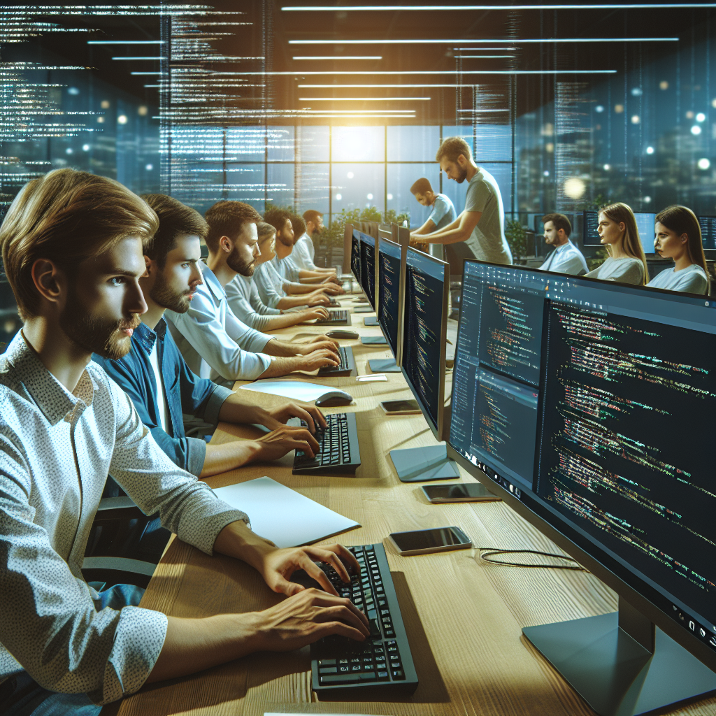 Oficiu modern IT, unde programatorii lucreaza pe Visual Studio Code, cu oameni de aspect european in fata computerelor cu monitoare ce afiseaza cod.