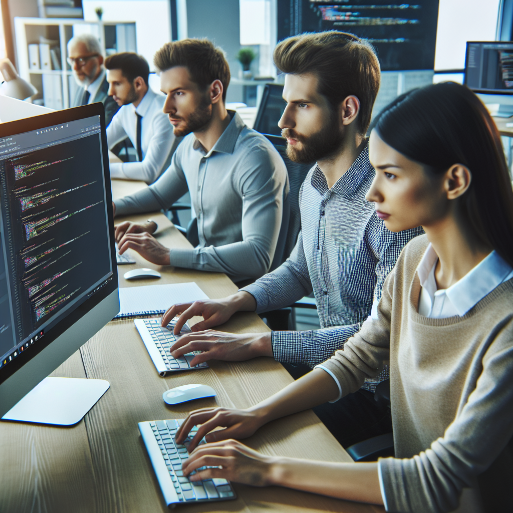 Grup de programatori intr-un oficiu, folosind Visual Studio Code pentru <a href=