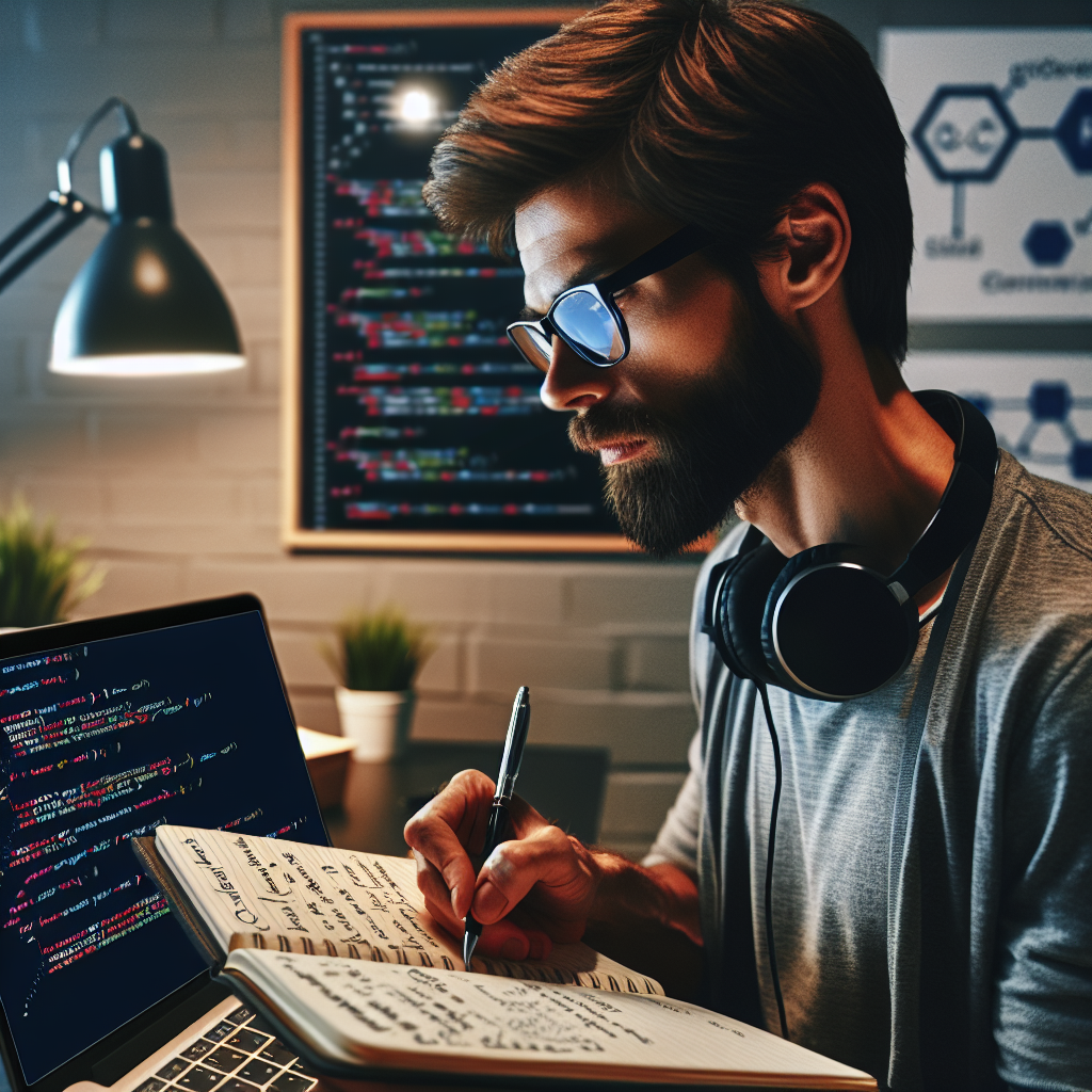 Программист европейского типа работает над CoffeeScript на экране ноутбука, в руках у него блокнот и ручка, он записывает требования клиента.