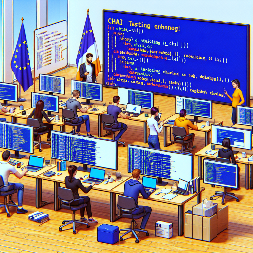 Imagine cu un mediu de testare Node.js, avand o atmosfera de laborator, unde un grup de persoane cu aspect european colaboreaza la testarea aplicatiilor, totul aratand ca o fotografie reala.