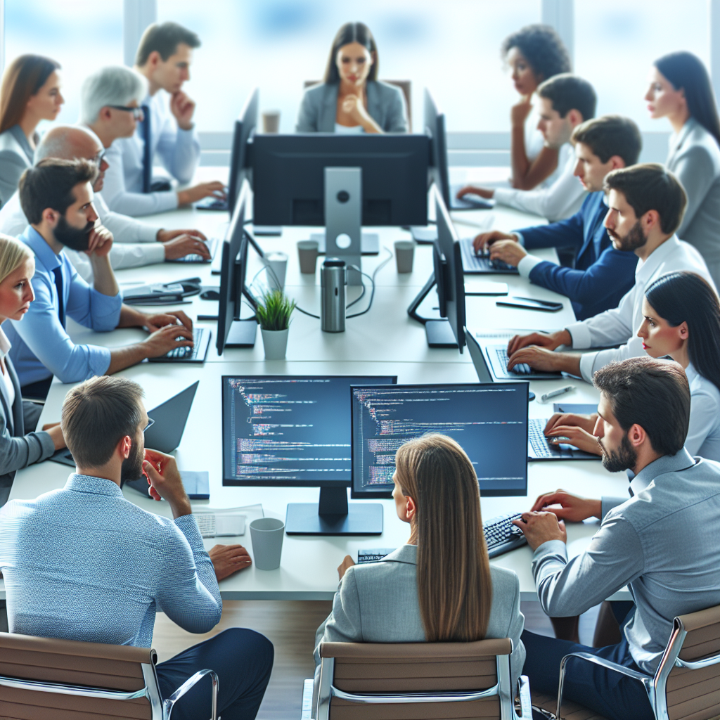 Офис IT-компании с виртуальными встречами, где европейские специалисты обсуждают разработку ПО на C++. Сотрудники выглядят сосредоточенными и профессиональными.