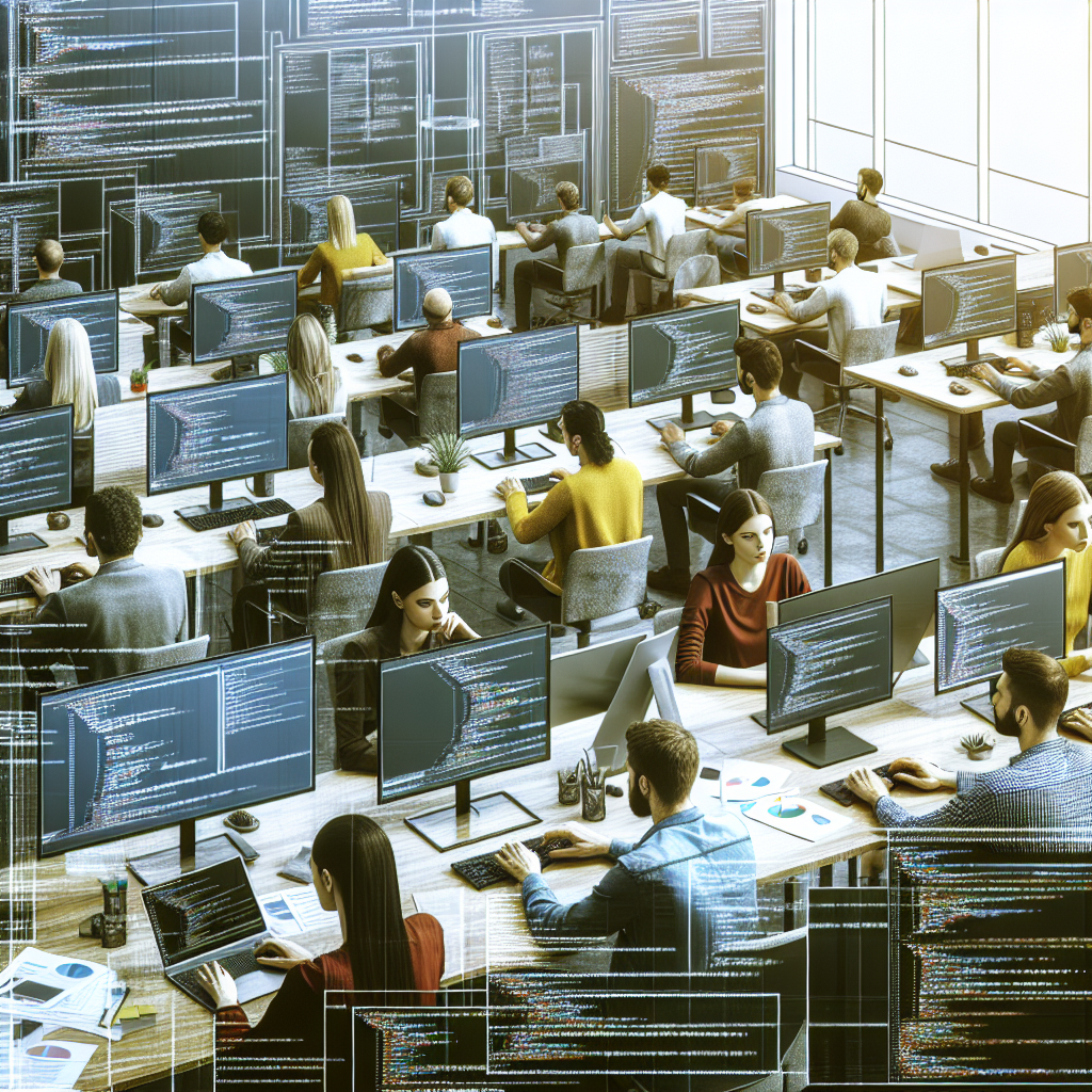 Imagine a unor dezvoltatori de software care lucreaza in birou la computere, discutand cod si proiecte. Toti oamenii trebuie sa aiba un aspect european. Imaginea trebuie sa arate ca o fotografie, pentru a nu putea fi diferentiata de o fotografie reala.