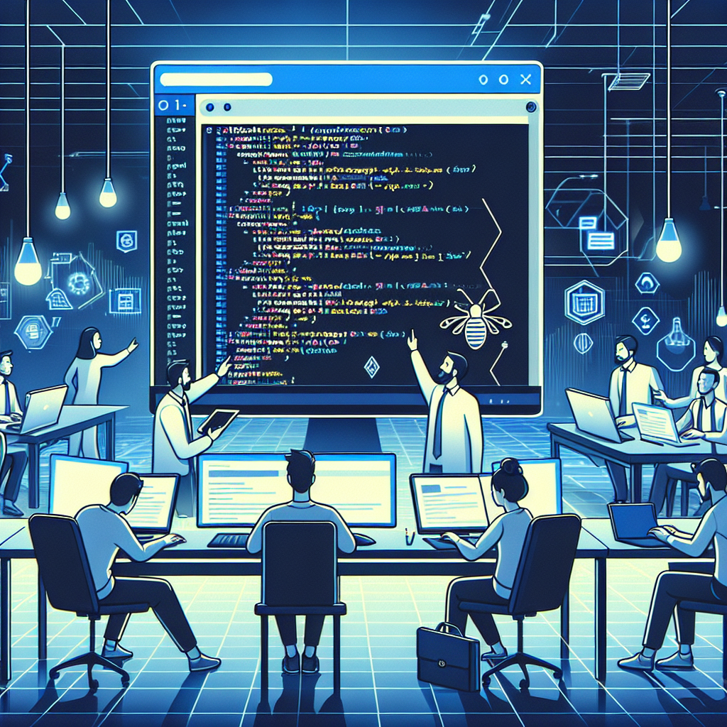 Imagine care ilustreaza utilizarea Puppeteer: un ecran de computer cu cod deschis, unde se efectueaza parsarea datelor de pe un site, iar in fundal se observa un interfata de browser care se schimba dinamic. Toate persoanele din imagine au aspect european.