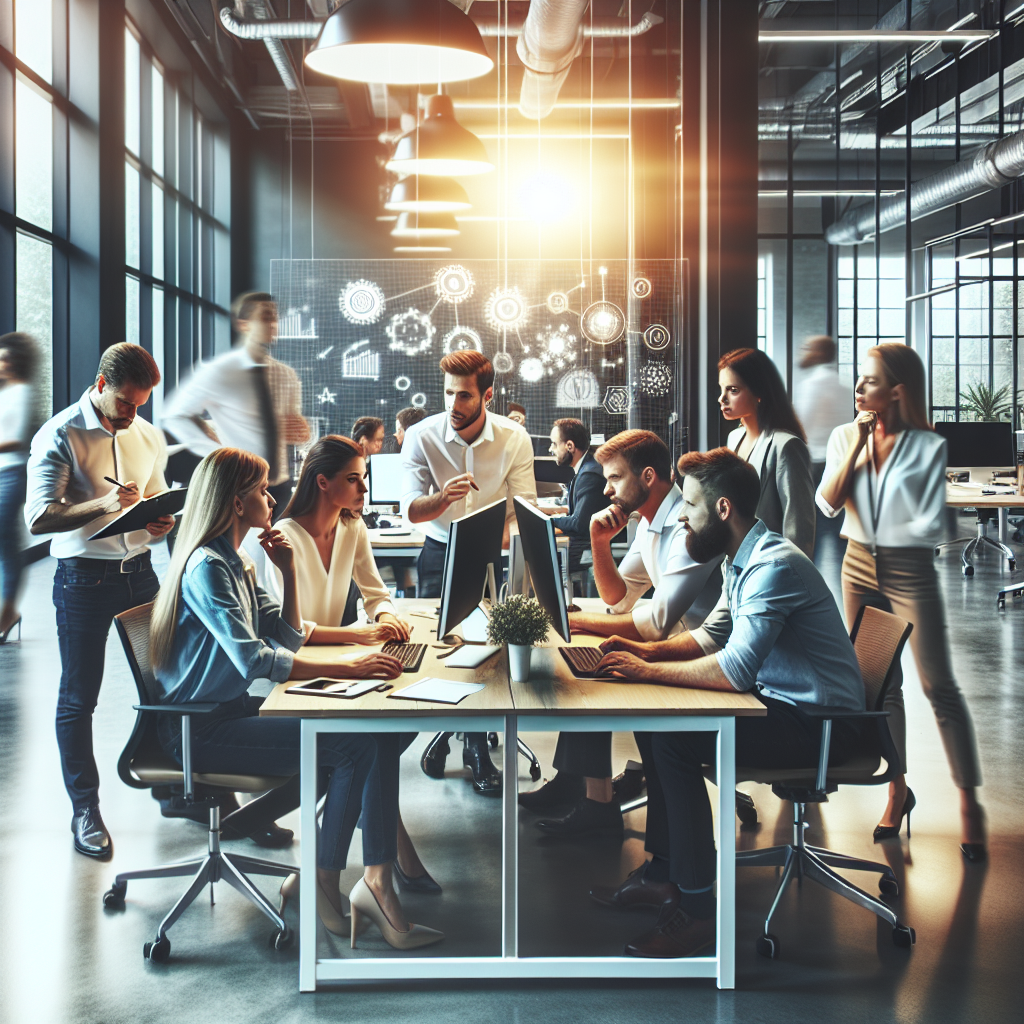 Oficiu modern al unei companii IT, cu o echipă de profesioniști care discută idei, atmosfera transmite concentrare și munca în echipă.