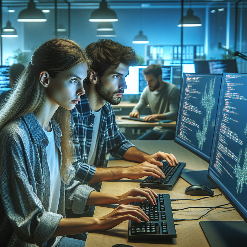 Un grup divers de programatori lucrand la limbajul de programare Haskell intr-un birou modern, cu aspectul tuturor indivizilor reflectand o infatisare europeana. Imaginea ar trebui sa semene cu o fotografie reala.
