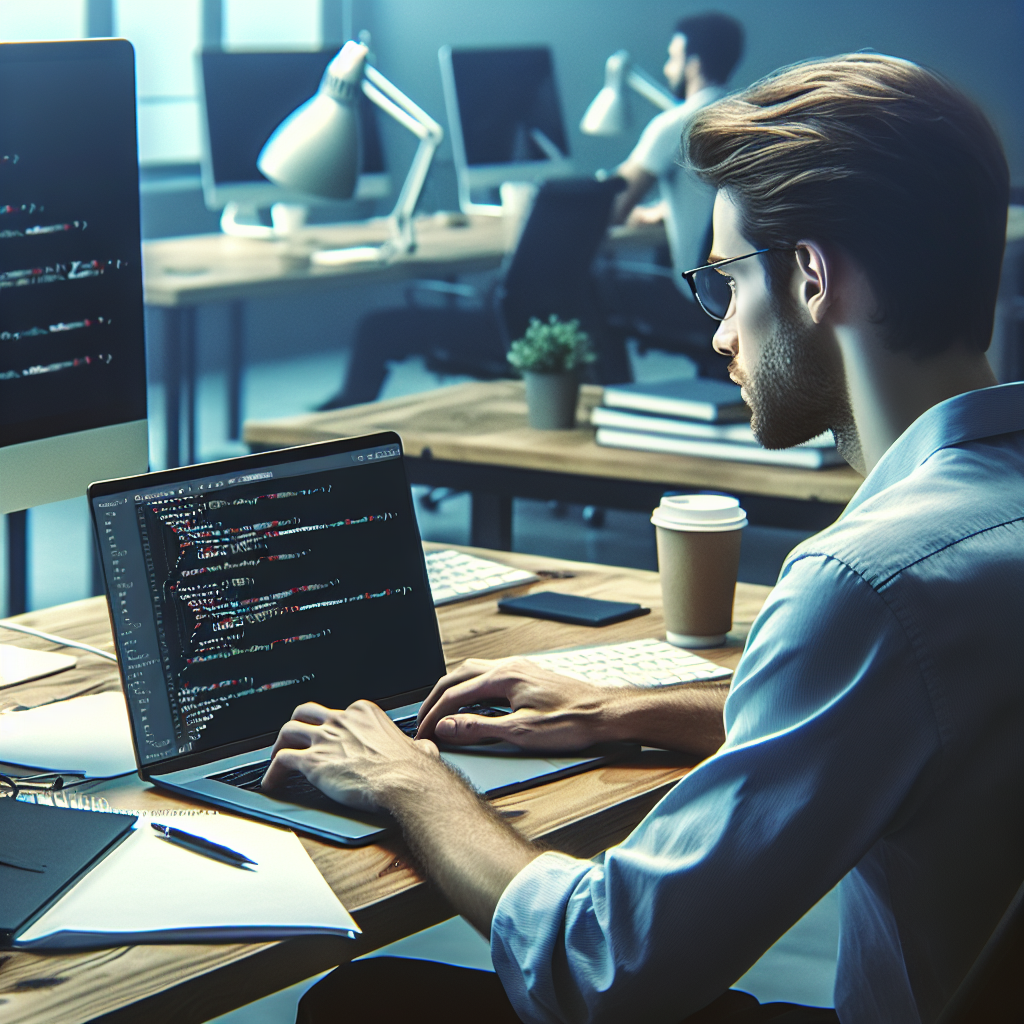 Программист работает на ноутбуке, на экране которого отображается код JavaScript. Фотография выглядит реалистично, как будто снята в офисе.