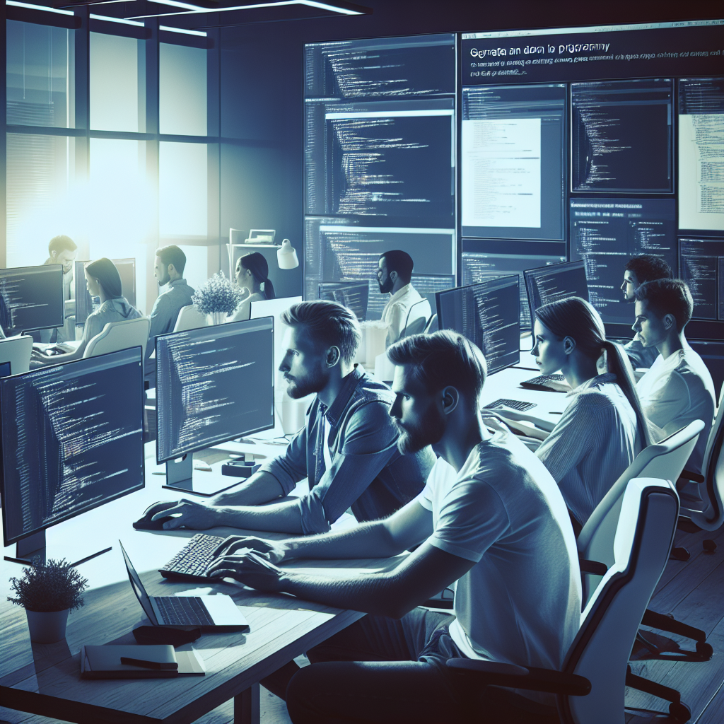 Imaginea unei echipe de programatori de succes, cu infatisare europeana, care lucreaza la proiectul Gatsby intr-un birou modern, inconjurati de monitoare care afiseaza o frumoasa aplicatie web.