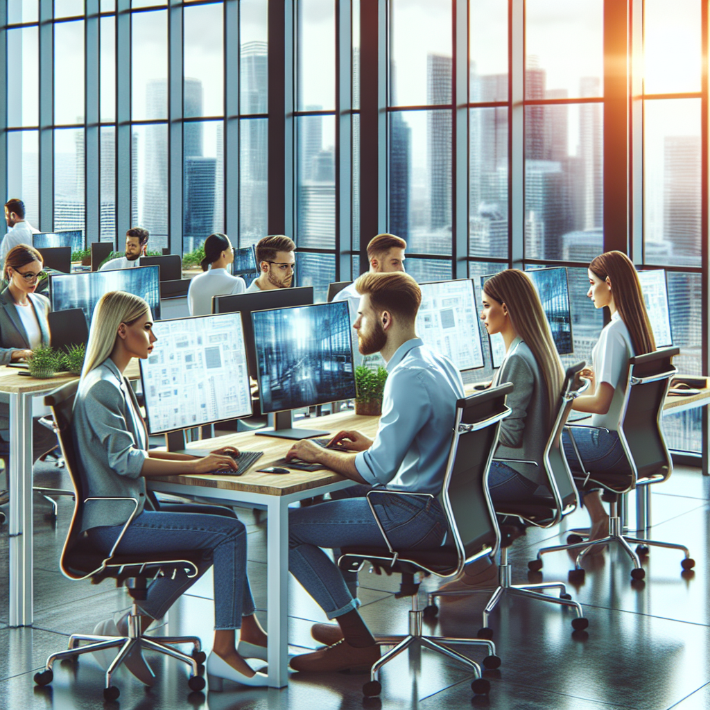 Imagine cu profesionisti europeni intr-un birou modern, lucrand la computere, care reflecta o atmosfera productiva in domeniul IT.