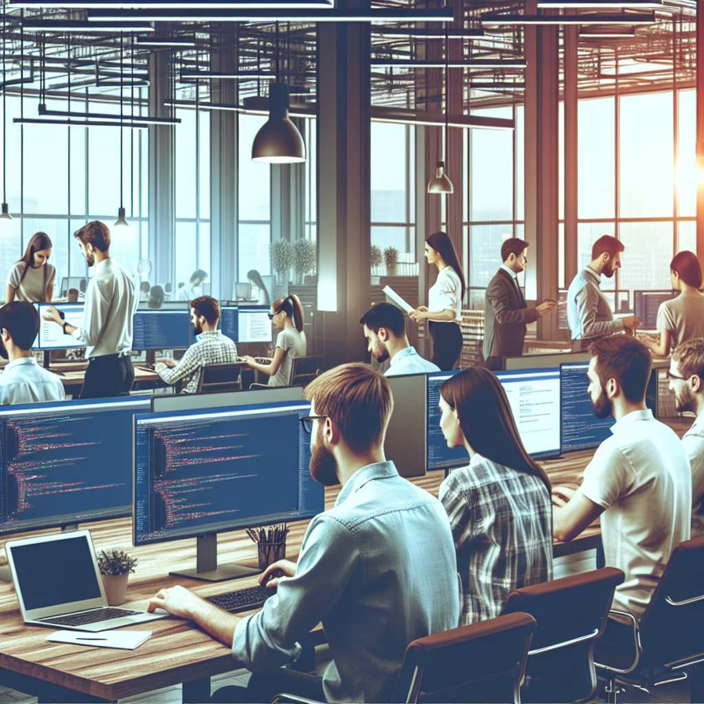 Bir birou modern al unei companii IT, unde lucreaza specialisti europeni care dezvolta site-uri pe Gatsby, cu documente si un ecran de computer in fundal.