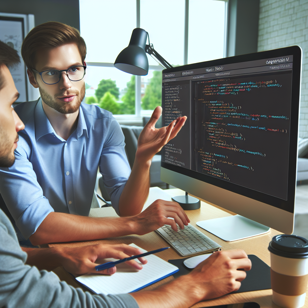 Un programator lucreaza la computer, explicand clientului avantajele utilizarii Next.js, toate persoanele de tip european, stil foto, realist.