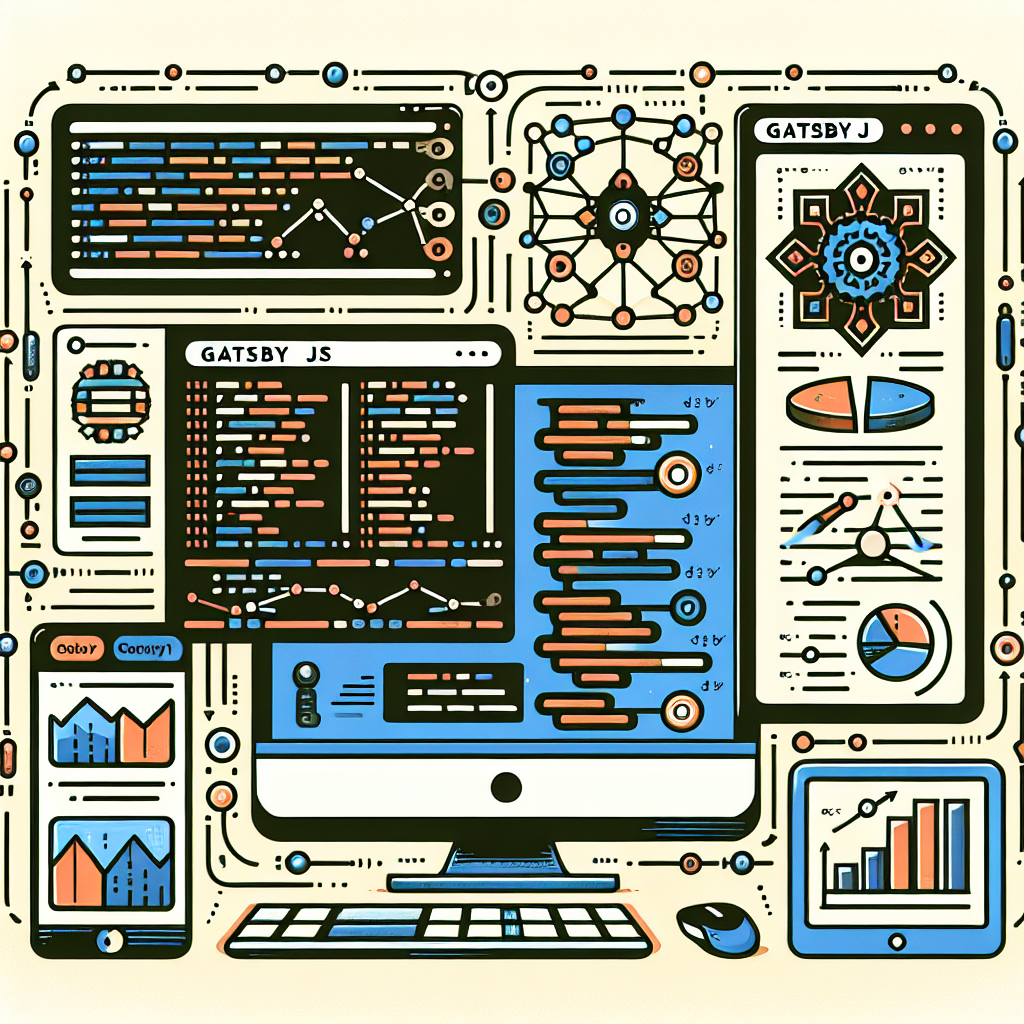 Ecranul unui computer cu cod detaliat GatsbyJS, alaturi de pagini web statice generate cu succes de acest framework, incluzand elemente de afaceri precum grafice si <a href=