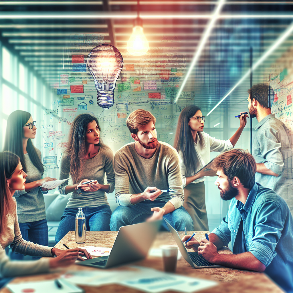 Imagine cu o echipa de programatori care impartasesc idei intr-o intalnire de birou. Toti oamenii sunt de tip european, iar imaginea ar trebui sa arate ca o fotografie.