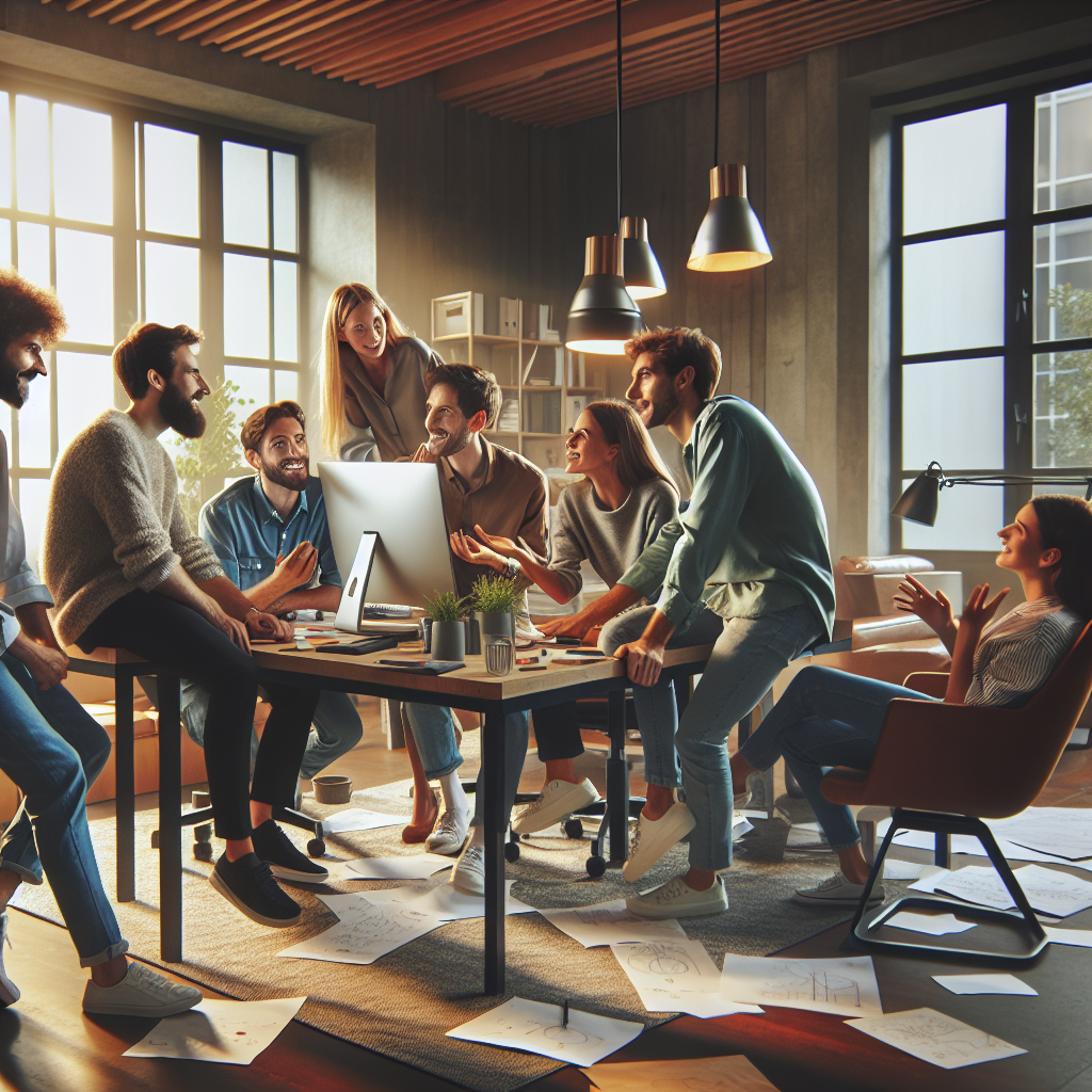 Grupa de oameni europeni discuta un proiect la un computer modern intr-un birou confortabil, reflectand o atmosfera de <a href=