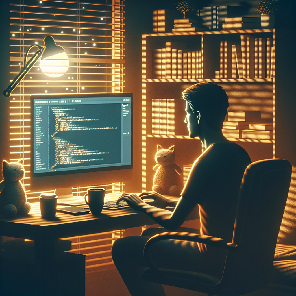 Imaginea unui om care sta in fata unui computer muncind cu codul Jekyll Web Dev, intr-un birou confortabil. Toate persoanele au o infatisare de tip european.