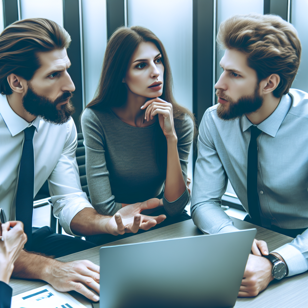 Imaginea in care personaje discuta despre avantajele si dezavantajele Jekyll pentru crearea website-urilor, in conditii moderne de birou. Toate persoanele au o infatisare de tip european.