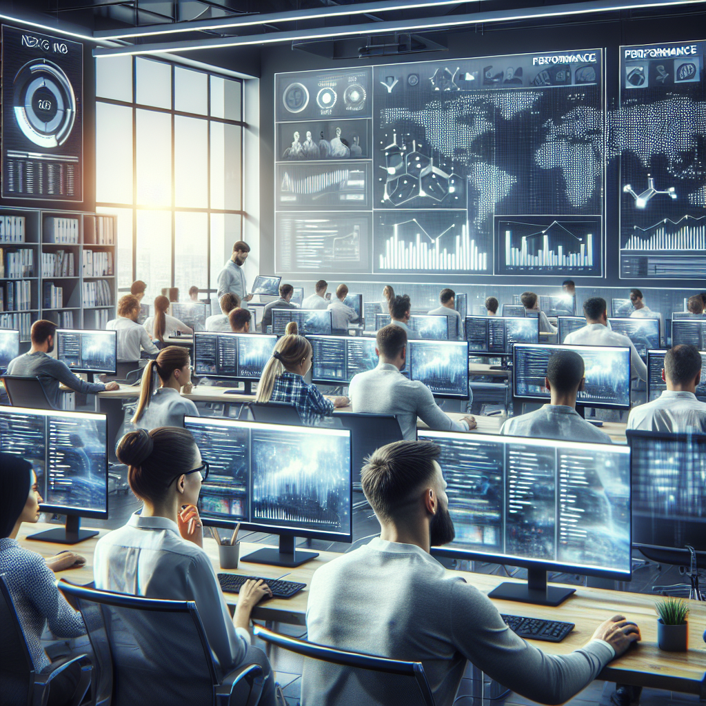 Birou modern al unei companii IT, angajati lucrand la computere cu tehnologia Next.js, toti cu aspect european. Pe ecrane sunt grafice de performanta si statistici.