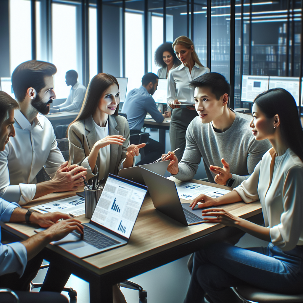 imagine cu un grup de profesionisti care discuta un plan pentru optimizarea performantei proiectelor IT, toate persoanele fiind de tip european, atmosfera fiind prietenoasa si productiva, intr-un mediu de birou modern