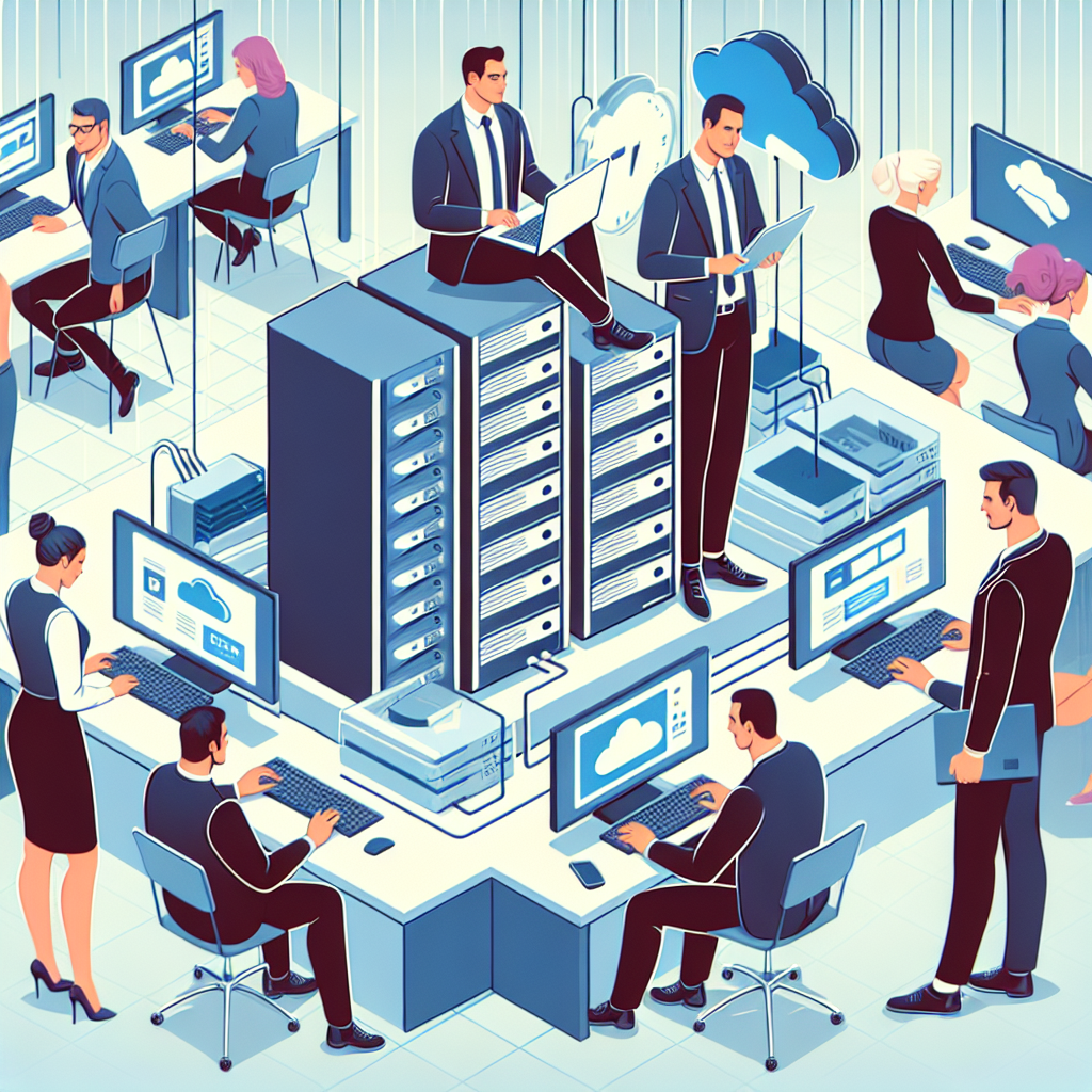 Imagine ce ilustreaza conceptul de siguranta pe internet si viteza de incarcare a site-urilor prin Cloudflare, cu persoane europene care lucreaza in birou, utilizand computere si servere, inainte de lansarea unui <a href=