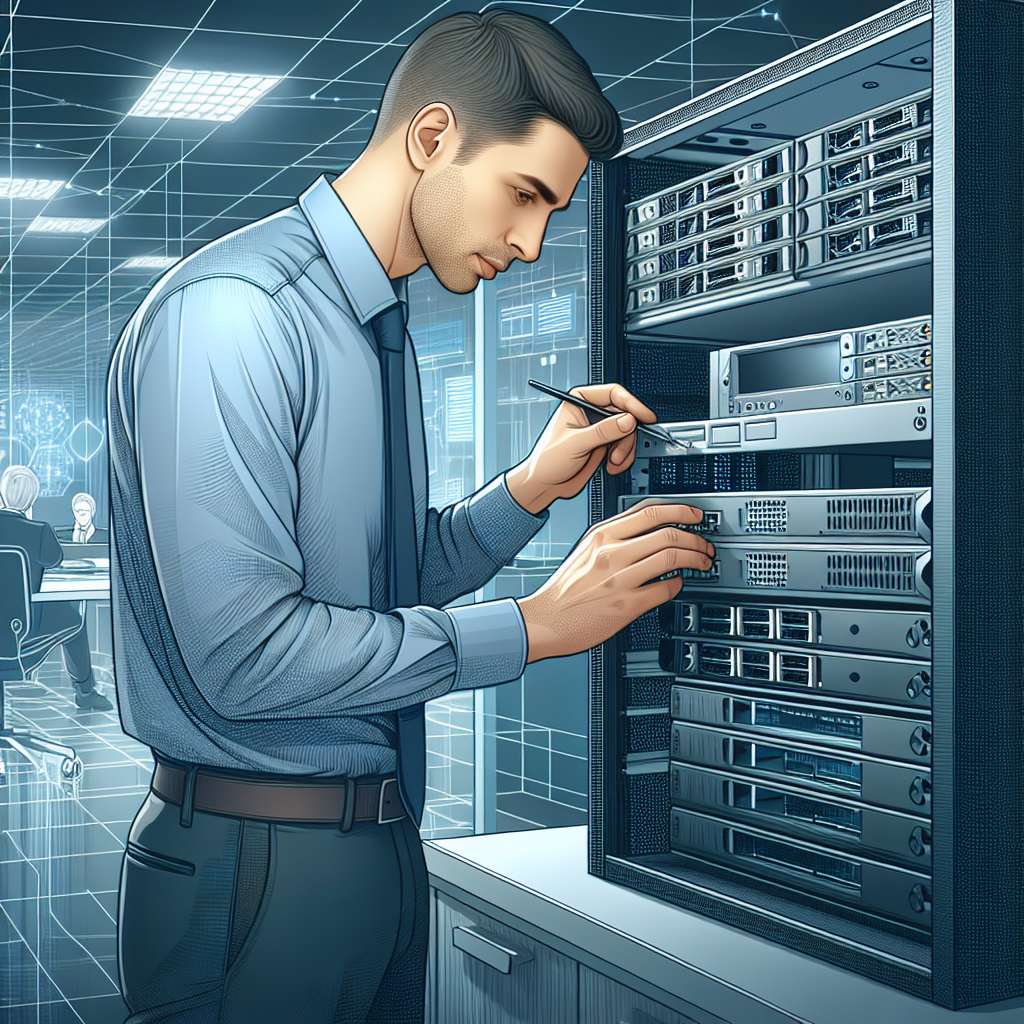 Imaginea unui specialist IT profesionist instaland un server intr-un birou modern, folosind echipamente de ultima generatie, cu persoane de tip european in fundal.