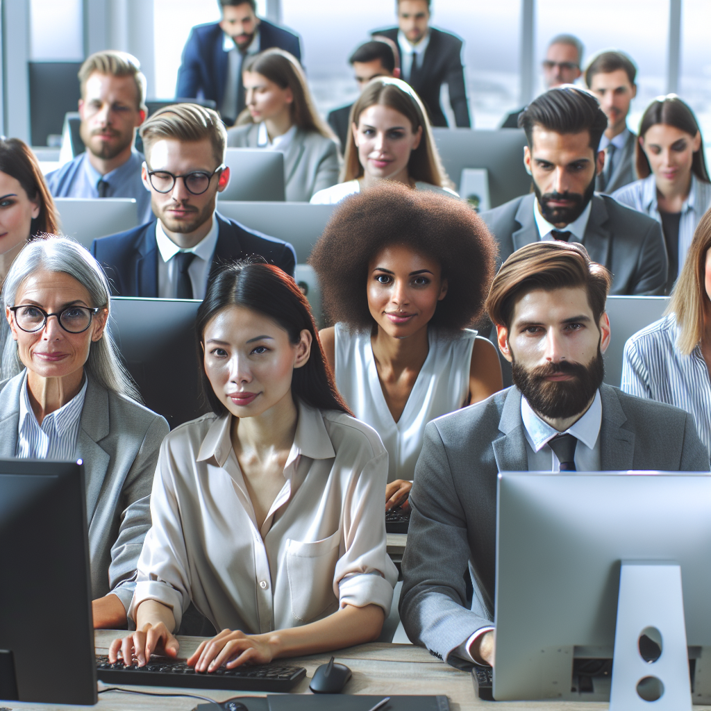 Grup de oameni in birou, lucrand la computere, discutand despre dezvoltarea unui chatbot. Toate persoanele au tipar european, aratandu-se concentrate si implicate in proces.
