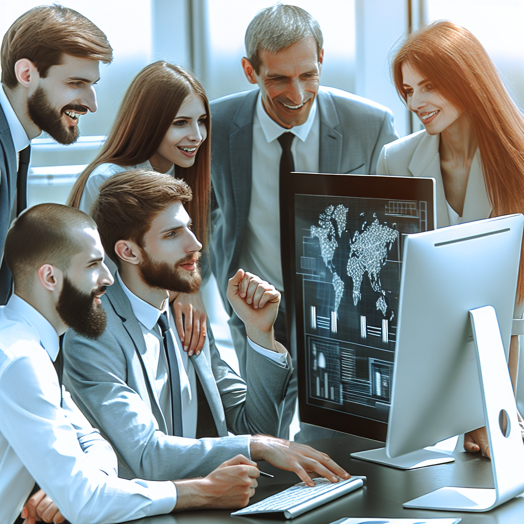 Imaginea arata o echipa de IT de succes la lucru, intr-o atmosfera pozitiva, cu oameni de tip european discutand un proiect pe ecranul unui computer.