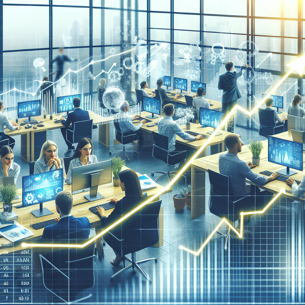 Imaginea prezinta o companie de succes care lucreaza cu outsourcing, evidentiind cresterea si dezvoltarea, cu oameni de tip european colaborand impreuna la computer.