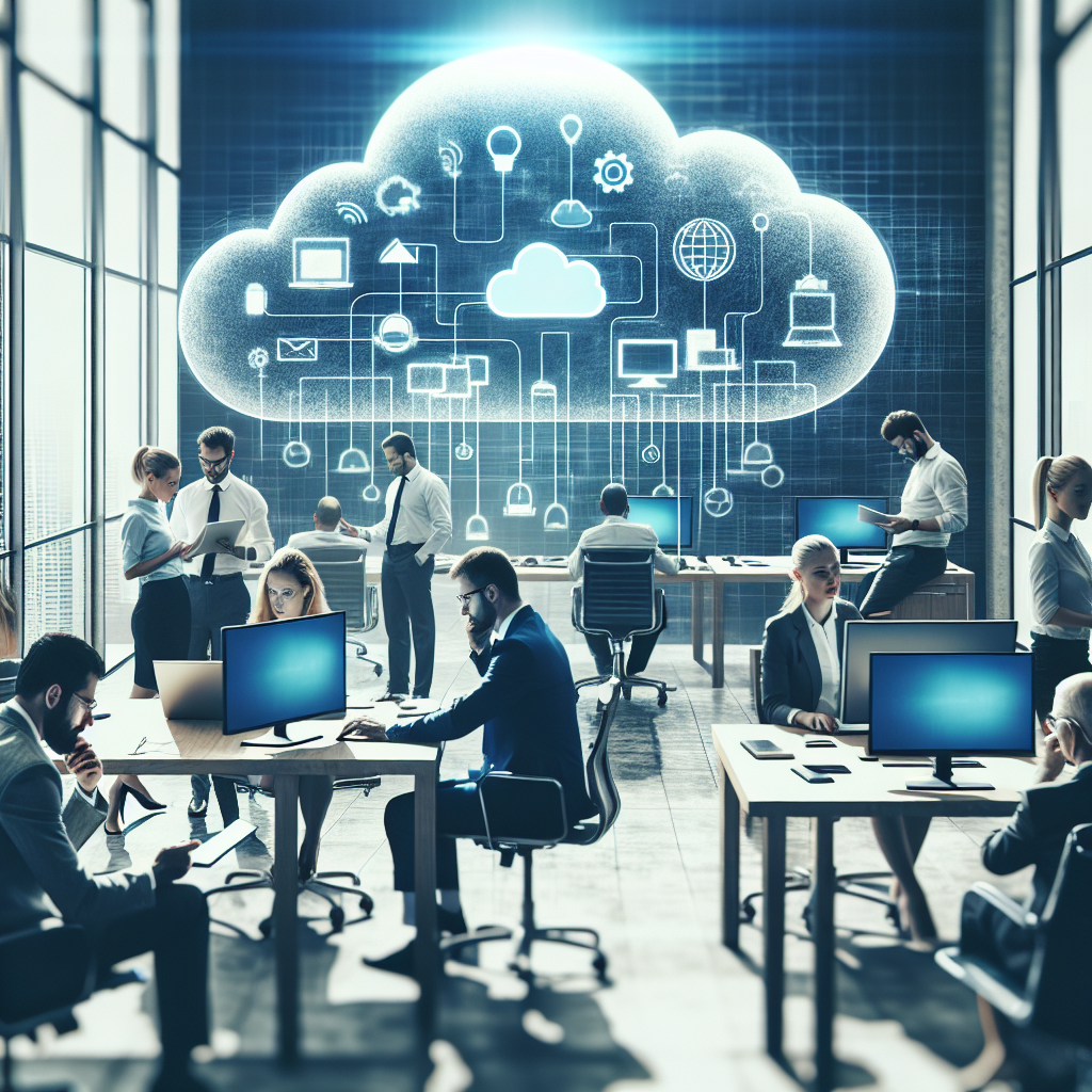 Imagine a unui birou de afaceri cu oameni europeni care lucreaza la calculatoare, inconjurati de tehnologii cloud.