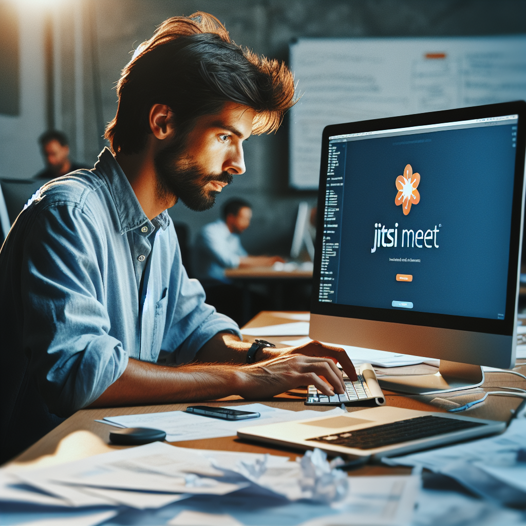 Imagine a unui instalator de software care lucreaza pe un computer cu logo-ul Jitsi Meet afisat pe ecran; fete europene concentrate asupra muncii, in jurul unei mese, inconjurati de documente si laptopuri.